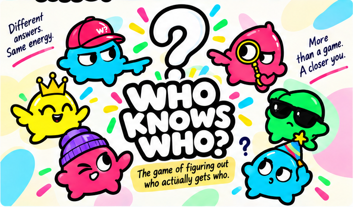 A group of customized cyan, pink, yellow, and green friends reacting around a white question mark