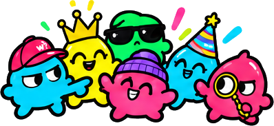 Six colorful friends, each with their own expression and accessories
